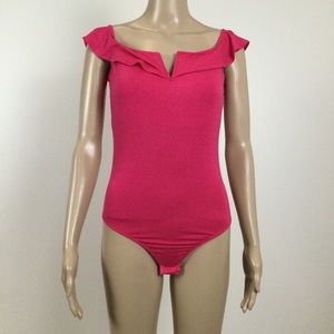 👛(ANY 2/$15) ADD ON: ELODIE Body Suit, Fuchsia with ruffle neckline, cap sleeves
